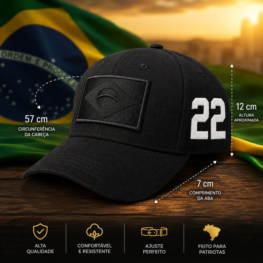 Medidas do Boné Use 22: 57 cm de circunferência regulável, 12 cm de altura e 7 cm de aba